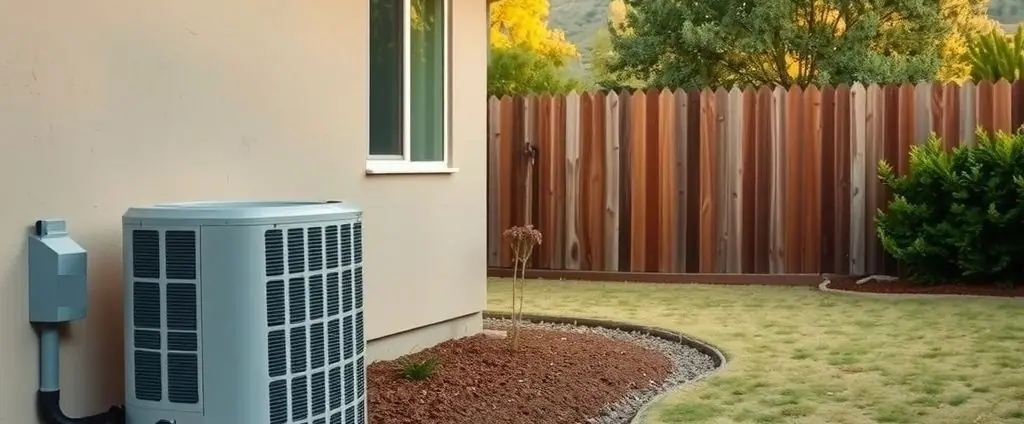 Outdoor heat pump condenser on a concrete pad beside a single-story stucco home in the East Bay, in soft morning light